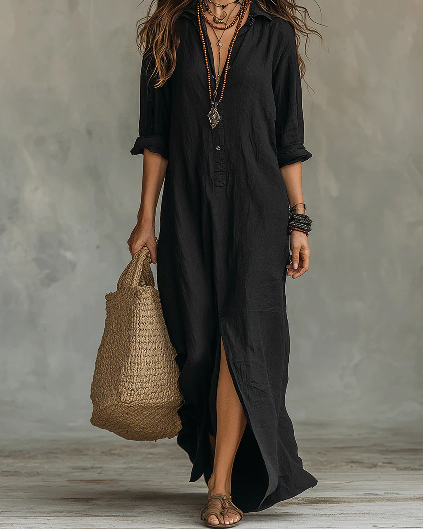 Soline | Abito Maxi Nero Lungo con Bottoni