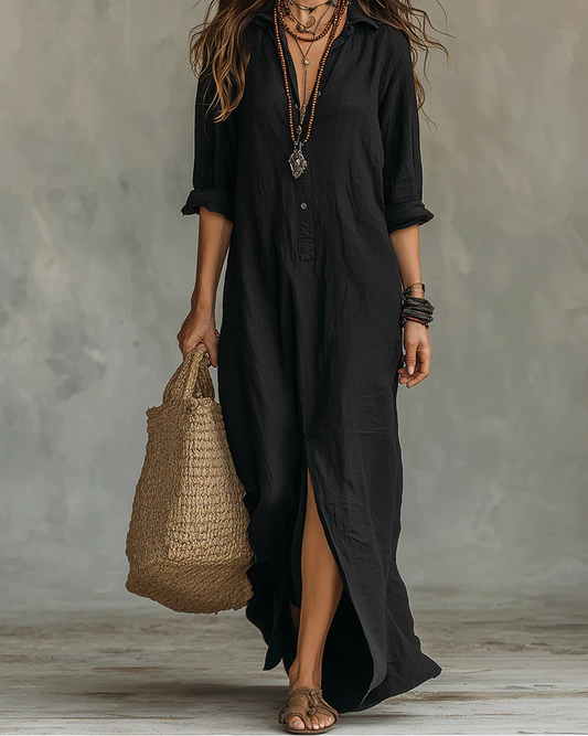 Soline | Abito Maxi Nero Lungo con Bottoni
