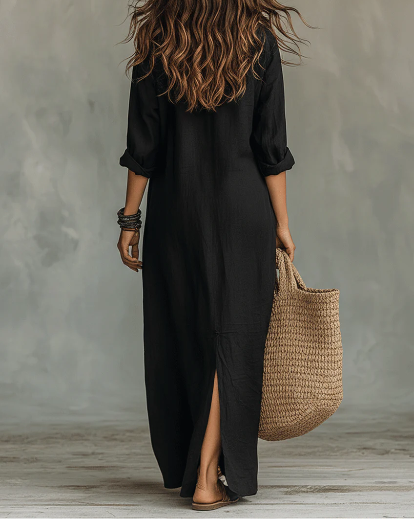 Soline | Abito Maxi Nero Lungo con Bottoni