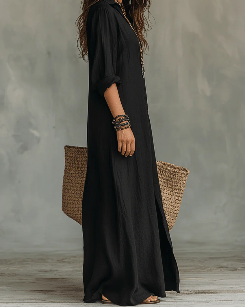 Soline | Abito Maxi Nero Lungo con Bottoni